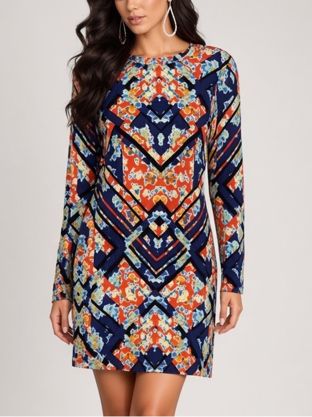 Wayf Navy, Red & Light Blue Geometric Floral Long-Sleeve Shift Dress